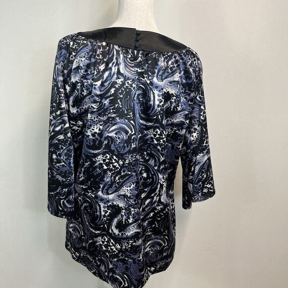 BCBG MaxAzria Blouse Top sz Medium Black Blue Paisley Satin Modest Church Career - Picture 7 of 8